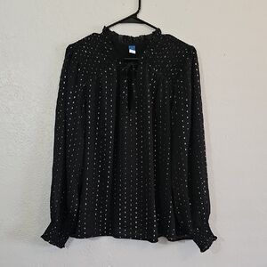 Old Navy Sheer Blouse with Silver Dots and Smocking, Lined, Womens Large
